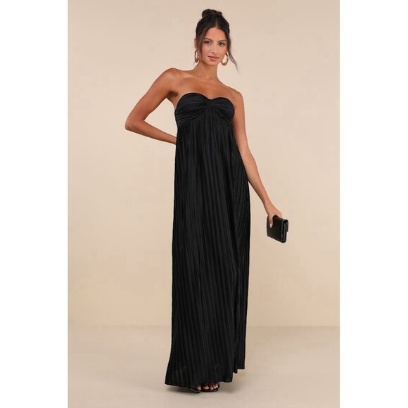 Lulus Whimsical Beauty Black Satin Plisse Strapless Maxi Dress Size Small Formal - Picture 2 of 10